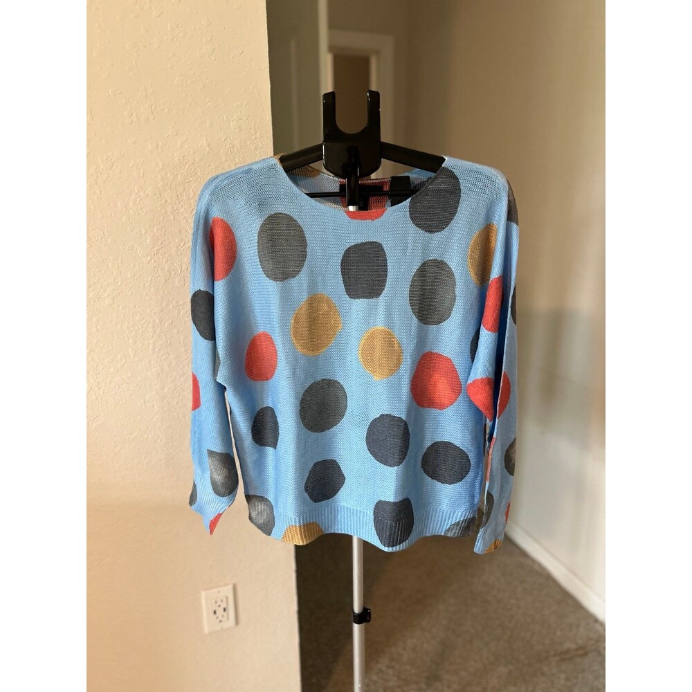 Ali Miles Crewneck Multicolor Polka Dot Long Sleeve Mesh Knit Top